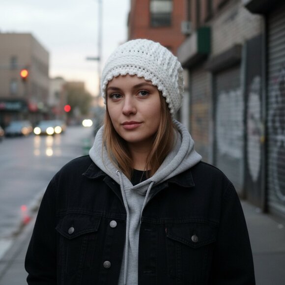 Handmade White Crochet Slouchy Beanie Worsted Weight Winter Hat Soft Acrylic - Picture 1 of 10